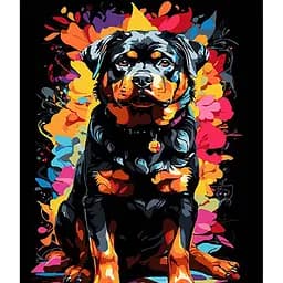 Картина по номерам Strateg Ротвейлер на цветных цветах на черном фоне 30х40 см