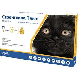 Краплі Стронгхолд Плюс від бліх та кліщів для котів до 2.5 кг 0.75 мл (0.25 мл x 3 шт.) 15 мг (10020776)