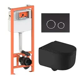 Подвесной унитаз Qtap Taurus Ultra Quiet + инсталляция Qtap Nest 4 в 1 (круглая клавиша Black mat), Черный матовый