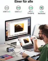 Мережевий зарядний пристрій Ugreen CD270 GaN DigiNest Pro 1*USB-A+3*USB-C 100W EU 1.8m (60167) - мініатюра 4