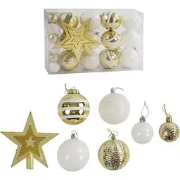 Набір новорічних прикрас 24 іграшки на ялинку з зірочкою на верхівці, золотого та білого кольору (161358)