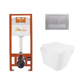 Набор: Qtap Tern Ultra Quiet ун. подвесной QT1733052EUQW+Nest комплект инсталляции 4в1 (квадратная клавиша Satin) QT0133M425+QT0111QT0111M06029SAT