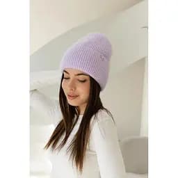Теплая женская шапка Ангора Сердечко с флисовой подкладкой Сиреневый
