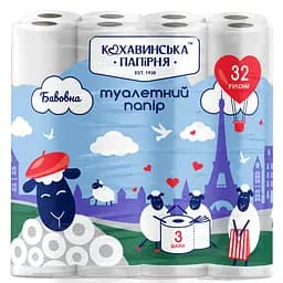 Папір туалетний Кохавинська папірня Бавовна целюлозний 3 шари 32 шт.