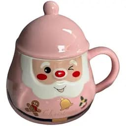 Новорічна чашка Olens Різдвяний помпон з кришкою керамічна 350 мл Рожева