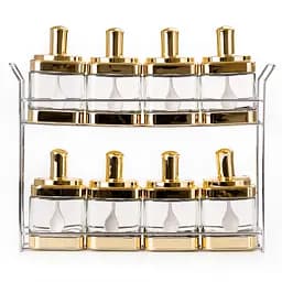 Набір ємностей для спецій на підставці 8 шт. по 350 мл з ложками Золотистий Yiwu HP-1338