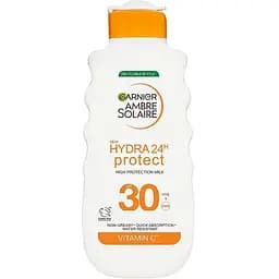 Сонцезахисне водостійке молочко проти сухості шкіри тіла та обличчя, високий ступінь захисту SPF30 Зволоження 24 години Garnier Ambre Solaire Hydra 24H Protect 175 мл