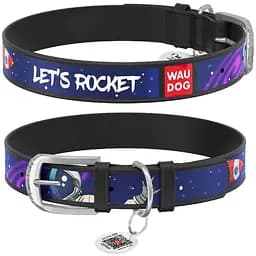 Нашийник для собак Waudog Design шкіряний з QR паспортом малюнок Космос. Ракета M