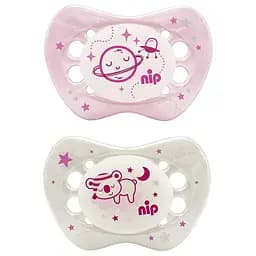 Пустушка Nip Нічний сон №3, силіконова, 16-32 міс., 2 шт., рожевий з білим (313118)