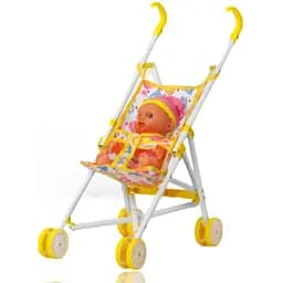 Тележка с пупсом L-8037 B3, 28 см складная коляска желтая