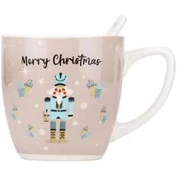 Новогодняя чашка Elisey 9150-002-1 Merry Christmas керамическая с ложкой 175 мл Бежевая