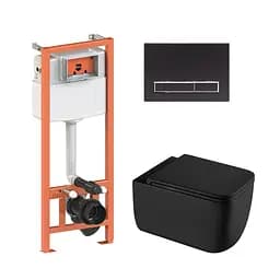 Подвесной унитаз Qtap Gemini Ultra Quiet + инсталляция Qtap Nest 4 в 1 (линейная клавиша Black mate), Черный матовый