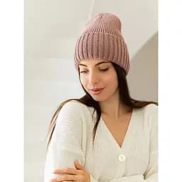 Жіноча в'язана шапка біні класік 20% вовна з відворотом Темно Рожевий