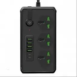 Мережевий подовжувач фільтр на 3 розетки та 4 USB, переносна розетка-подовжувач чорний