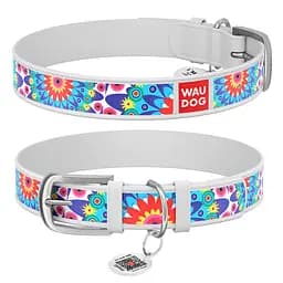 Нашийник для собак шкіряний Waudog Design з QR-паспортом "Квіти" Ш 25 мм Д 38-49 см білий