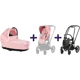 Люлька Cybex Priam Lux Simply flowers pink + Комплект текстилю Cybex Priam Simply flowers pink + Шасі Cybex Priam з каркасом LS RBA Rosegold