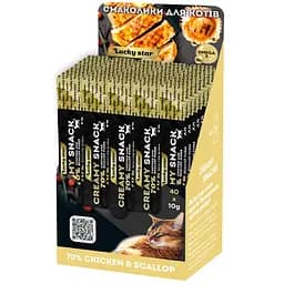 Пюре мягкое для кошек из мяса курицы и тихоокеанских морских гребешков Lucky Star в шоубоксе 400 г (40 стик по 10 г)