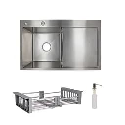 Кухонна мийка Lidz Handmade H7849R інтегрована крило зправа Brushed у комплекті з дозатором та корзиною, Нержавіюча сталь