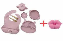 Набор силиконовой детской посуды Cheeks для прикорма на присосках из пищевого силикона нежно-розовый + Силиконовая соска пустышка ортодонтическая губки для новорожденных розовая