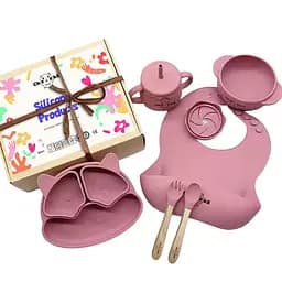 Набір дитячого посуду Cheeks для прикорму, на присосках із харчового силікону темно рожевий