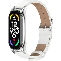 Шкіряний ремінець MiJobs для фітнес-браслета Xiaomi Mi Band 3 и 4 Type С білий, тримач - сріблястий