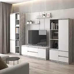Комплект меблів у вітальню VAYS шафа R-26, шафа R-27, тумба R-28, полиці М-22, бетон-білий фасад