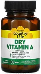 Вітаміни та мінерали Country Life Dry Vitamin A 10000 IU, 100 таблеток