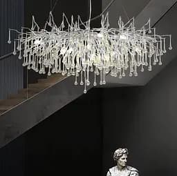 Люстра срібна видовжена із кришталевими крапельками 100х50 см | Line F | Арт. 705L-1000 CH+CL