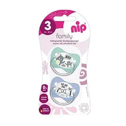 Пустышка Nip Моя семья № 3 Медведь и зебра, силиконовая, 16-32 мес., 2 шт., мятный с голубым (31005)