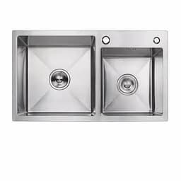 Кухонная мойка 75x41 нержавейка на две чаши Platinum Handmade (круглый сифон, 3.0/0.8), Нержавеющая сталь