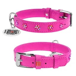 Ошейник для собак кожаный Waudog Glamour с QR-паспортом с клеевыми стразами "Цветы" Ш 15 мм Д 27-36 см розовый