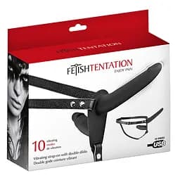 Подвійний страпон з вібрацією на ремінці Fetish Tentation 15 см чорний