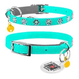 Нашийник Waudog Glamour з резинкою клейовими стразами "Квітка" для котів (ширина 9мм довжина 22-30см) ментоловий