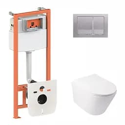 Набор Qtap инсталляция 3 в 1 Nest QT0133M425 с панелью смыва квадратной QT0111M06029SAT + унитаз с сиденьем Swan QT16335178W, Белый