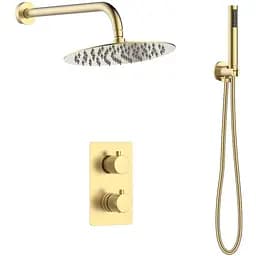 Душова система прихованого монтажу з термостатом Volle Sistema r верхній душ d300 мм SS, лійка стик 1 режим латунь cepillado oro 1585.090115, Золотий