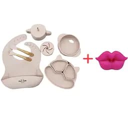 Набір силіконового дитячого посуду Cheeks для прикорму на присосках бежевий + Силіконова пустушка ортодонтична для новонароджених колір Фуксія