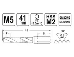 Свердло-мітчик Yato М5х0.8 мм HSS М2 HEX-1/4 l=41/7 мм (YT-44842) - мініатюра 4
