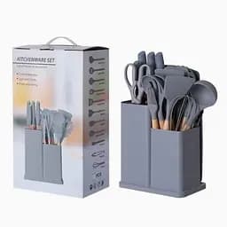 Набор кухонных принадлежностей Kitchenware Set 19 предметов, силиконовый, с деревянными ручками, серый