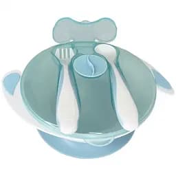 Тарелка на присоске с ложкой и вилкой MGZ-0109(Light-Blue) 350 мл