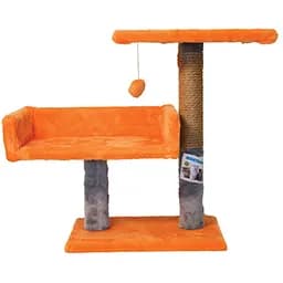 Дряпка двоповерхова Пухнастики з полицею та диванчиком руда з сірим (Д-1)