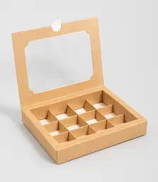 Коробка для 12 конфет сладостей зефира, макаронс или тарталеток 200×156×30 мм, крафт, с прозрачным окошком, Vals Крафт 87850