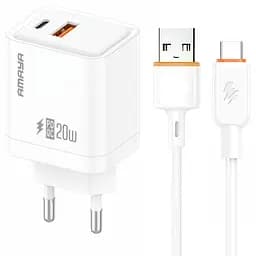 СЗУ Amaya E77D PD20W+QC3.0 (1USB-A/1C) + кабель USB to Type-C White