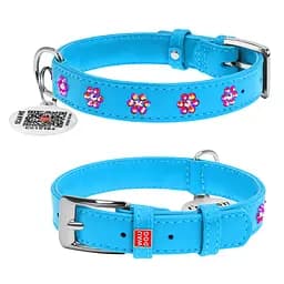 Ошейник для собак кожаный Waudog Glamour с QR-паспортом с клеевыми стразами "Цветы" Ш 20 мм Д 30-39 см