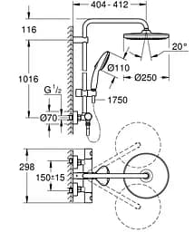 Душова система з термостатом для настінного монтажу Grohe Tempesta System 250 266702431, Чорний матовий - мініатюра 9