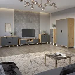 Комплект меблів для вітальні М-ЗОН Борн Дуб Артизан/Антрацит 5 предметів з білими ніжками (MZN-031065)