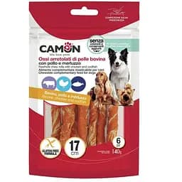 Ласощі для собак палички з яловичої шкіри обмотані куркою та тріскою 140г