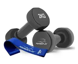 Гантели виниловые PowerPlay 2*2 кг PP_4121 Черные 2 шт + Резинка для фитнеса 7,5 кг (PP_4121_2*2kg)