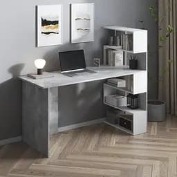 Комп’ютерний стіл Vays M-15 Бетон-Білий, письмовий з полицями праворуч, ЛДСП, 142×60×123 см - для дому, навчання, офісу