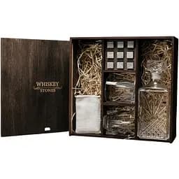 Подарочный набор виски Whiskey Stones с камнями для виски в деревянном пенале №3 + декантер и 2 стакана + щипцы + мешочек