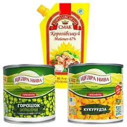 Набор: горошек зеленый Щедра нива Премиум консервированный 420 г + кукуруза сахарная консервированная Щедра нива Суперсладкая 340 г + майонез Королівський смак Королевский 67% 300 г